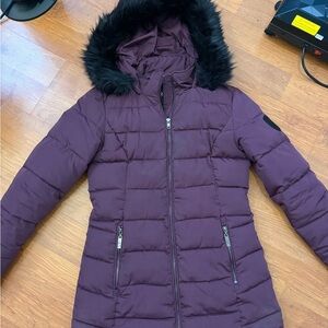 Red Women's Dark Purple Puffer Jacket with Faux Fur Hood
